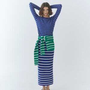 Mango - Blue and White Round-Neck Striped Sweater